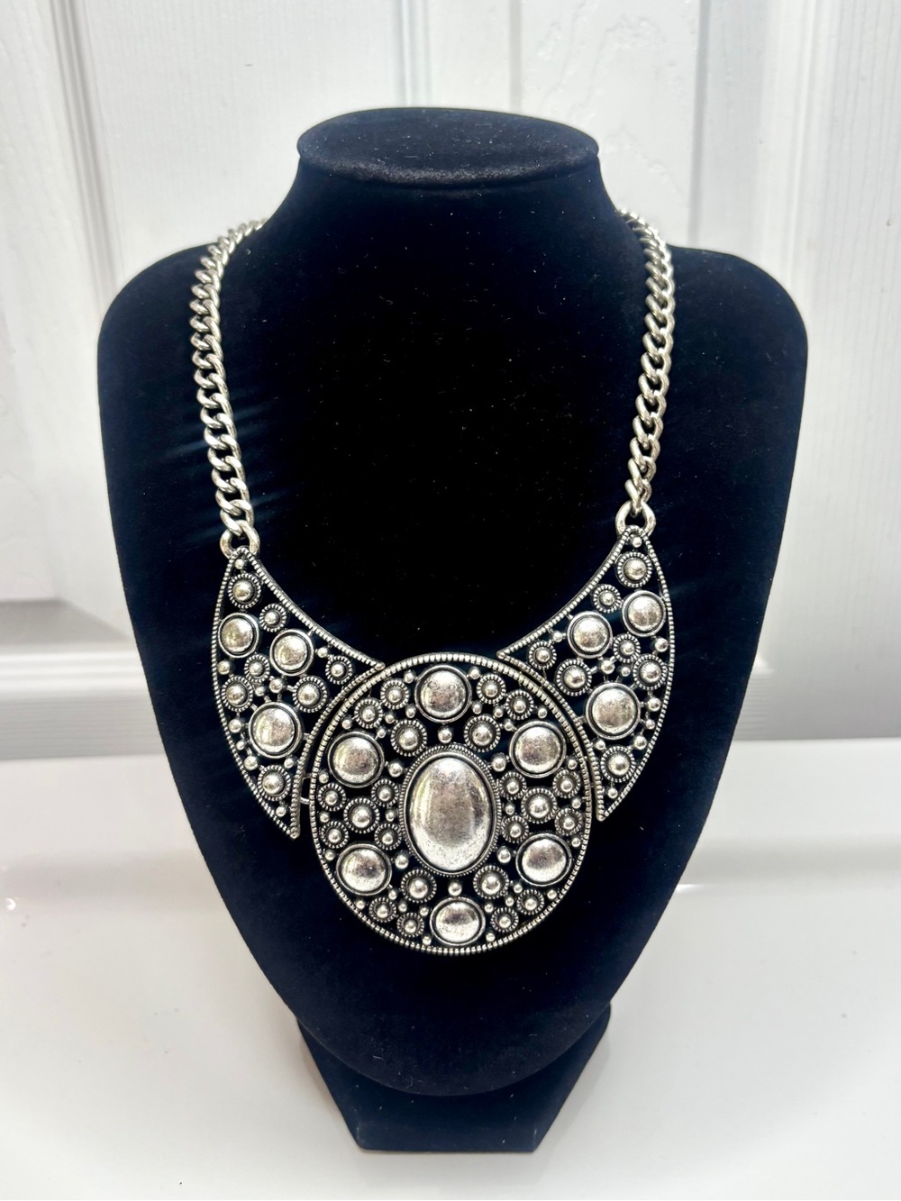 Vintage Statement Necklace Silver Tone Boho Tribal